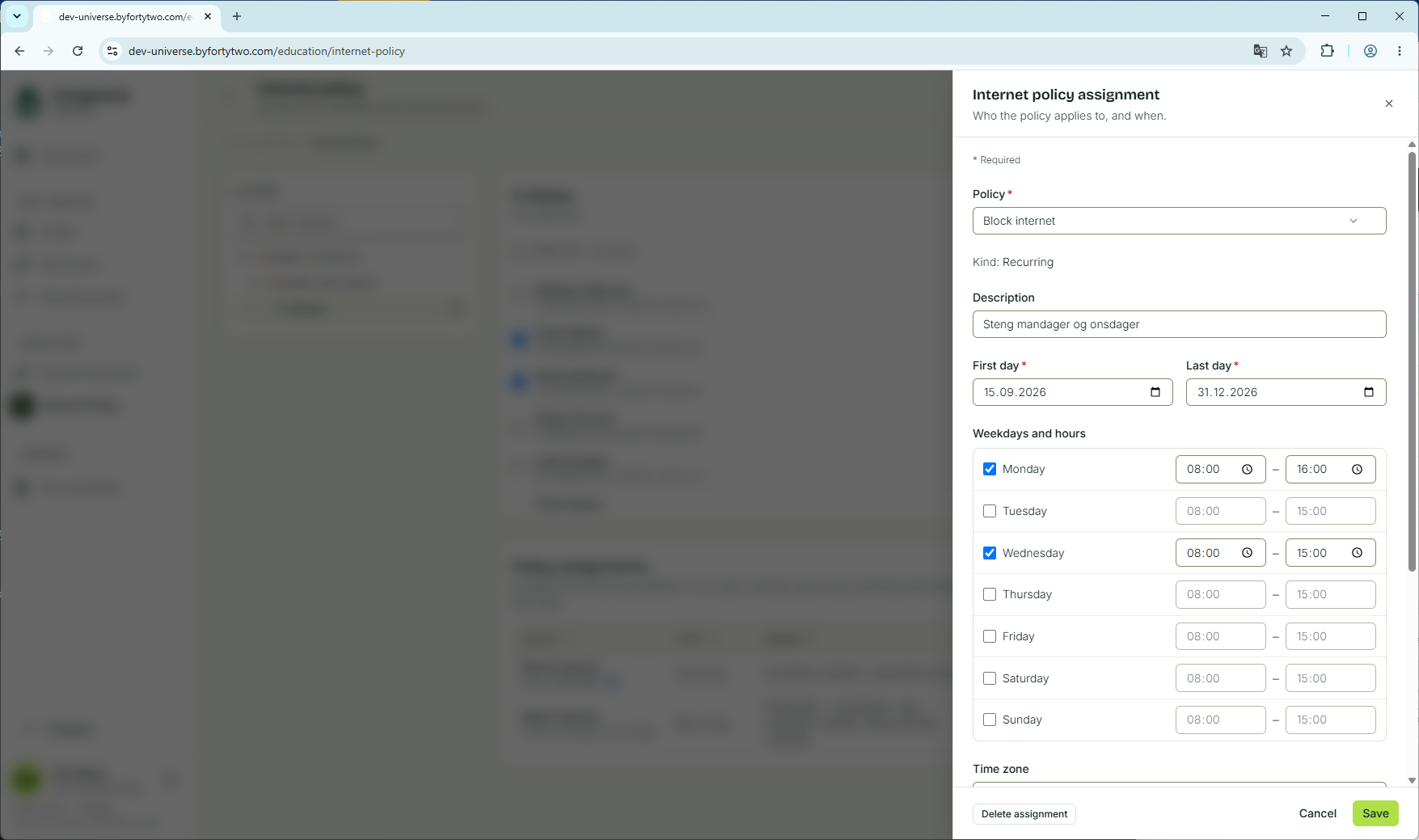 Recurring policy assignment screenshot