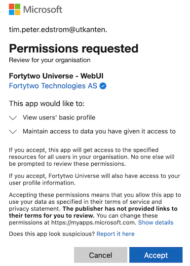 Admin consent Fortytwo Universe - WebUI