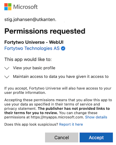User consent Fortytwo Universe - WebUI