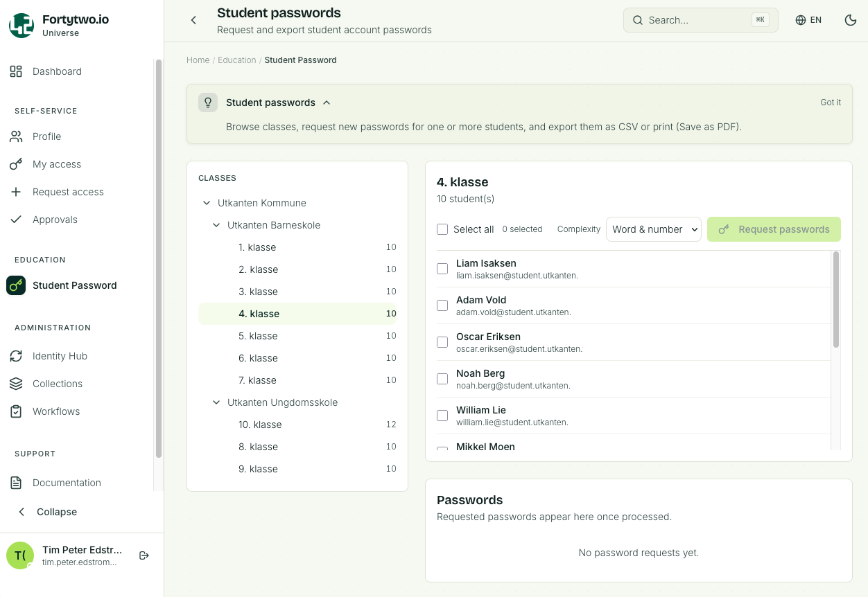 Student password page as an IAM administrator